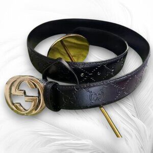 Signature Leather Belt Black ( 100 cm ) Leather Embossed Belt in Black